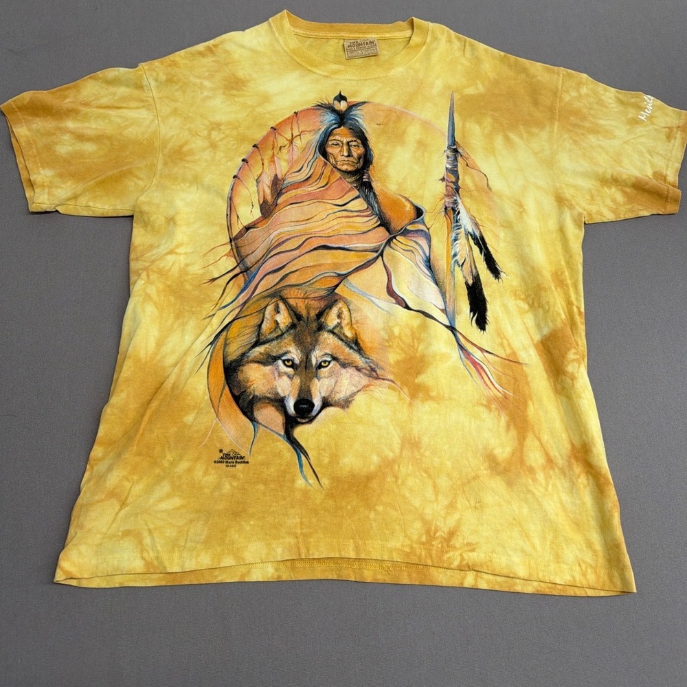 Vintage The Mountain Wolf Native American Chief Tie Dye Shirt XL Yellow 2000